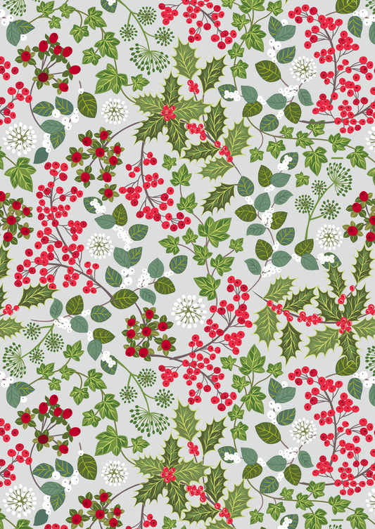 Winter Botanical Holly and Ivy on Light Silver with Pearl