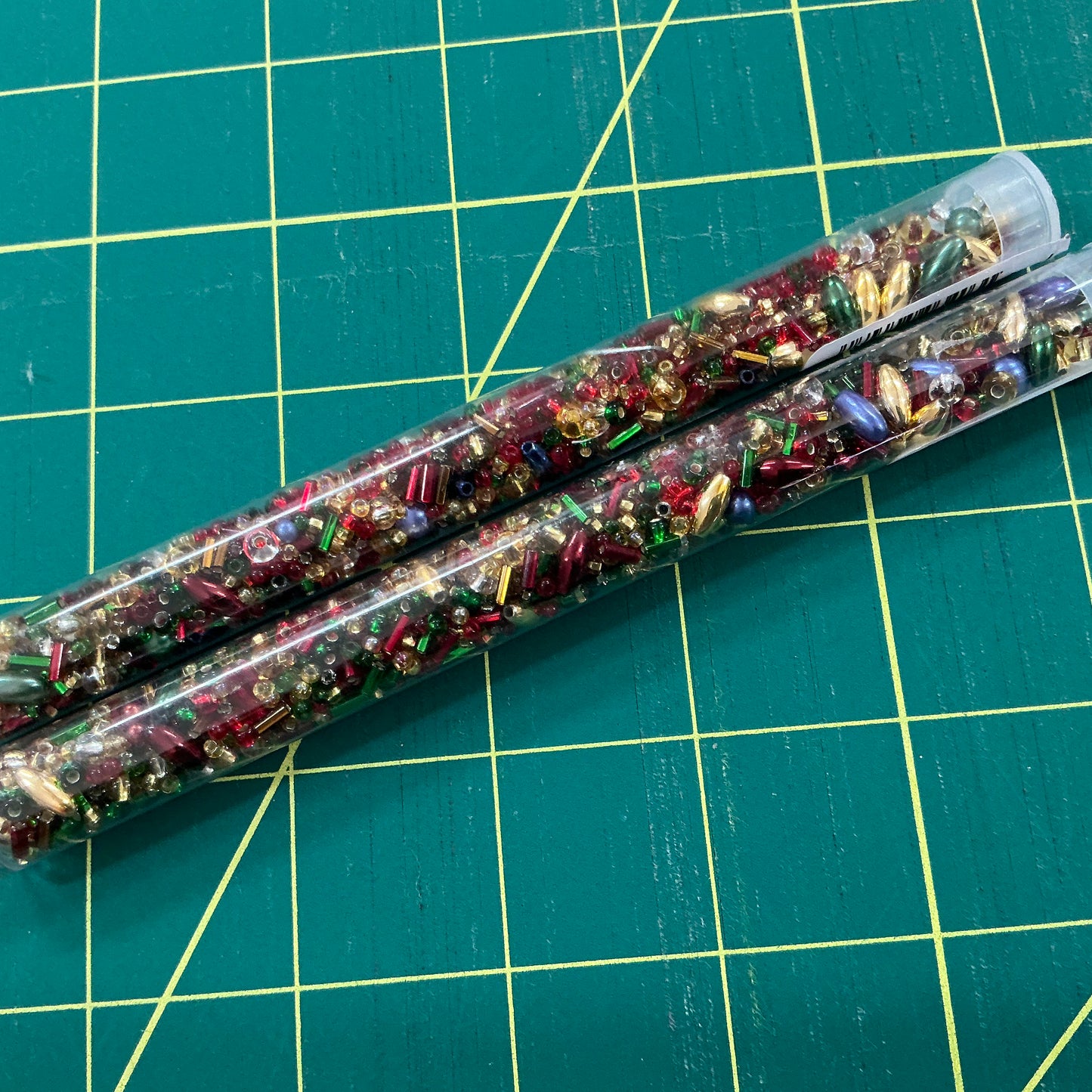 Red, Green, Gold Mixed Beads in Tube