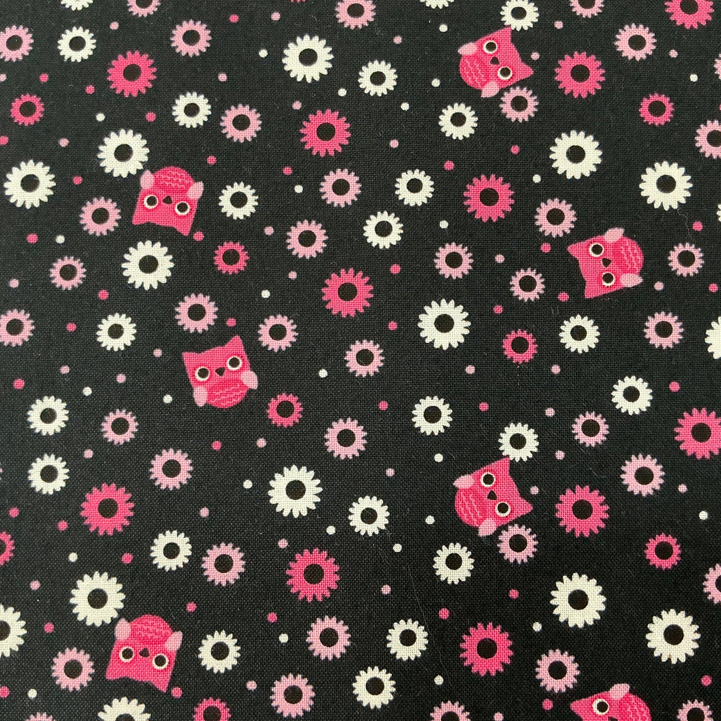 Tiny Owls & Flowers in Shades of Pink on Black - Not Scary