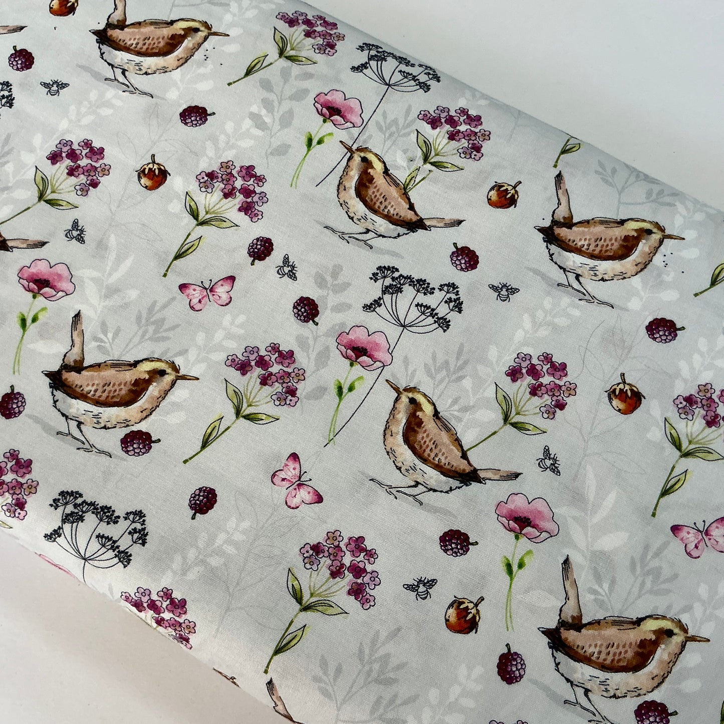 Thrush & Flowers on Pale Grey - Natures Melody