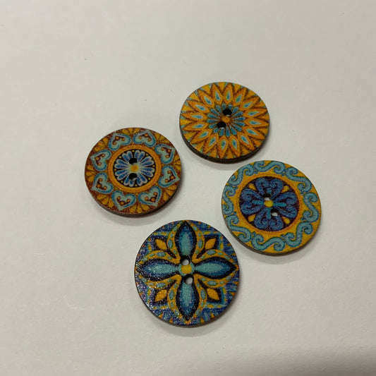 Wooden Buttons - Decorated Blues & Yellows 25mm  (1”)