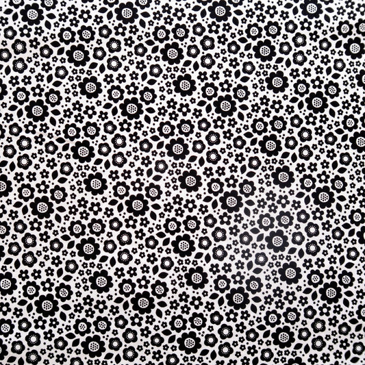 Dot And Dash Black Flowers & Leaves on White - End of Bolt 1.35 Mtrs