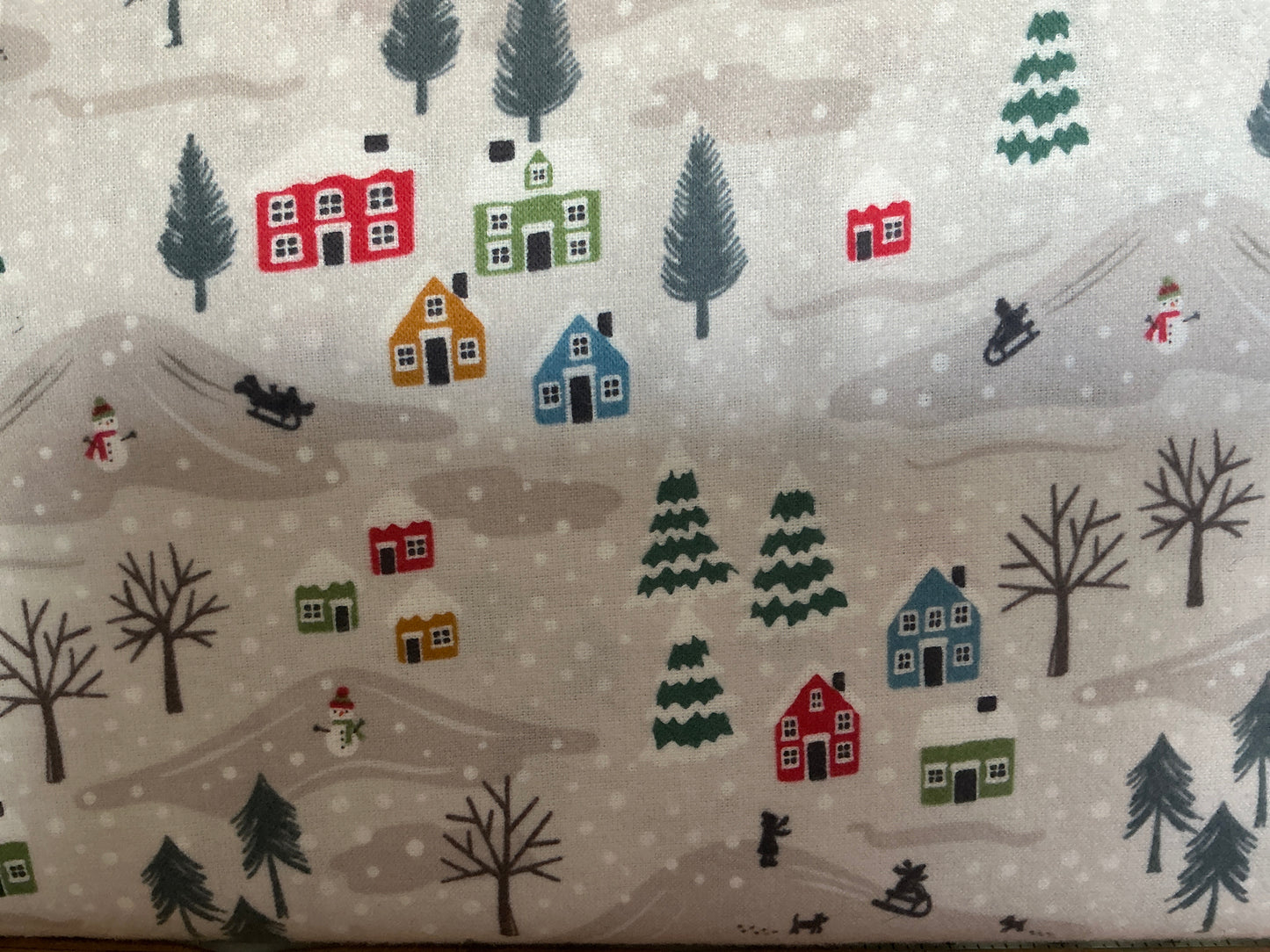 Village in the Snow on Pale Grey brushed cotton