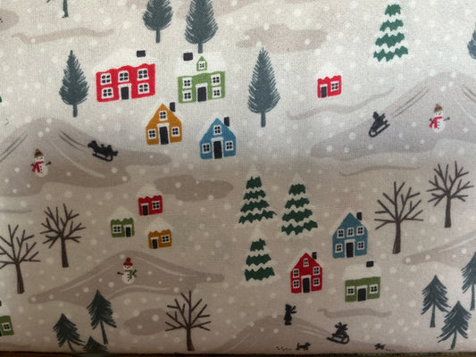 Village in the Snow on Pale Grey brushed cotton