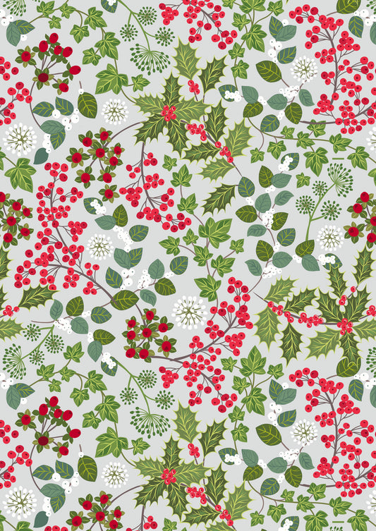 Winter Botanical Holly and Ivy on Light Silver with Pearl