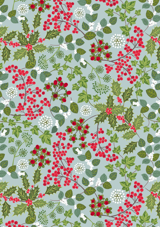 Winter Botanical Holly and Ivy on Winter Blue with Pearl