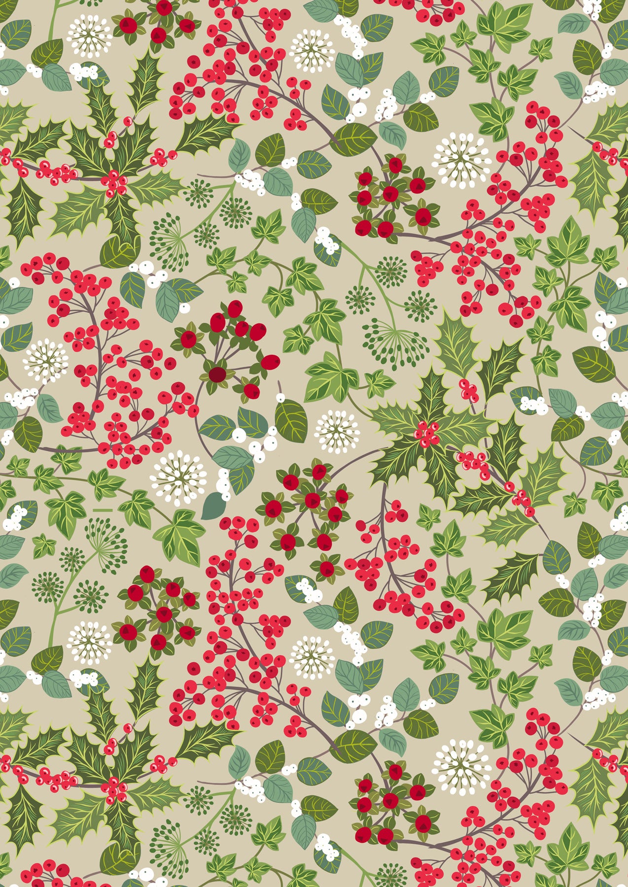 Winter Botanical Holly and Ivy on Natural with Pearl