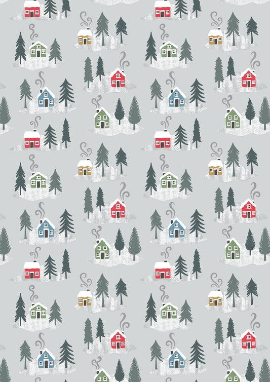 Snow Day Houses on Silver Brushed Cotton