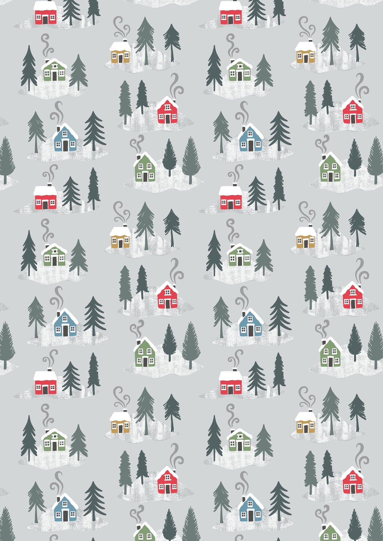 Snow Day Houses on Silver Brushed Cotton