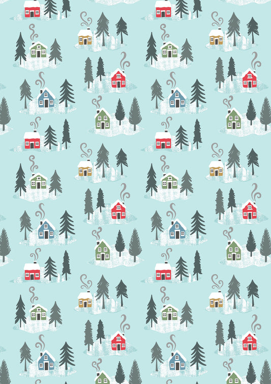 Snow Day Houses on Icy Blue Brushed Cotton