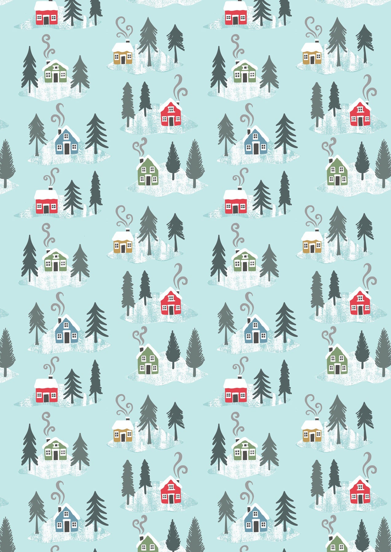 Snow Day Houses on Icy Blue Brushed Cotton