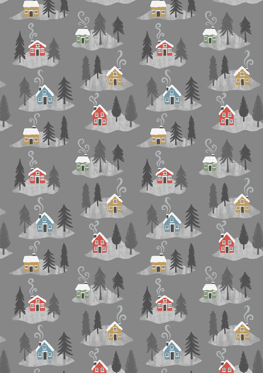 Snow Day Houses on Grey Brushed Cotton