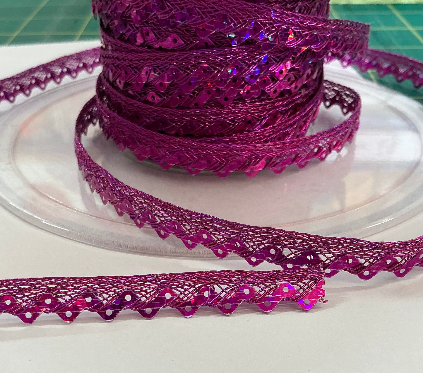 Holographic Braid with Ric Rac Type Edge - Bright Pink