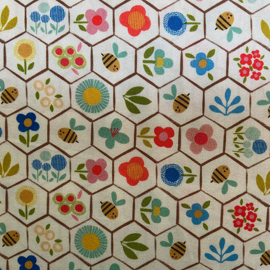 Bees & Flowers in Honeycomb Grid - Multicoloured - Bee Beary Happy