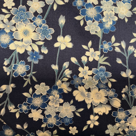 Blossoms on Navy Blue (Akan) - Sevenberry - Half Metre