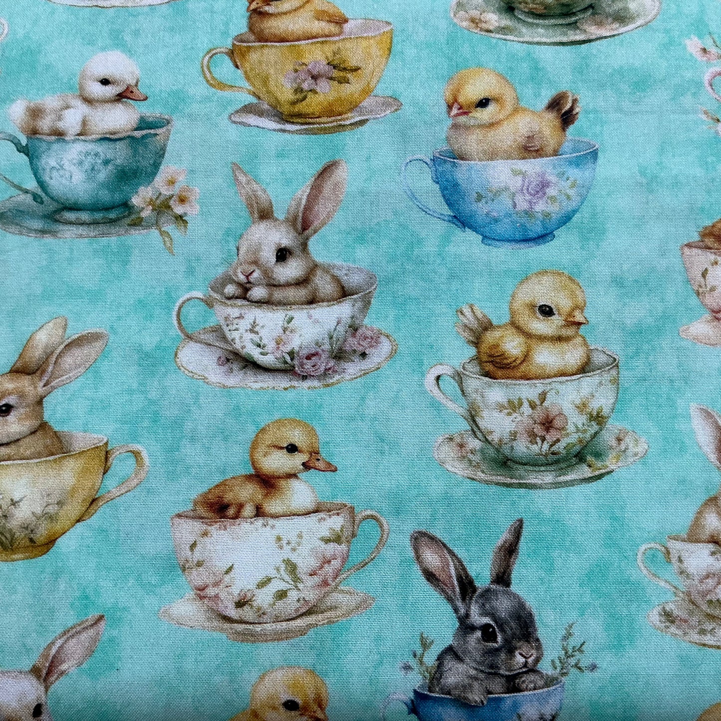 Bunnies & Chicks in Tea Cups - Light Aqua