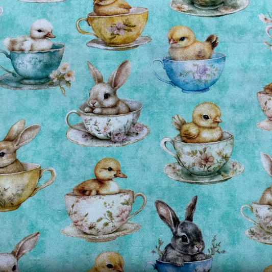 Bunnies & Chicks in Tea Cups - Light Aqua
