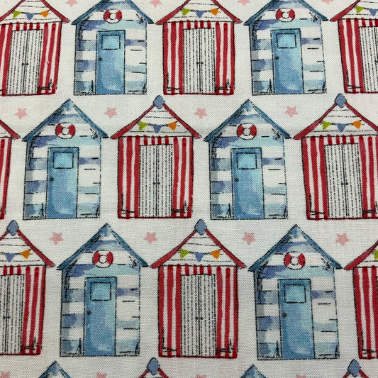 Beach Huts - Blue & Red on White - Sundaes by the Sea