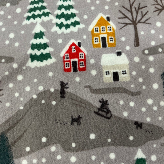 Village in the Snow on Taupe - Brushed cotton