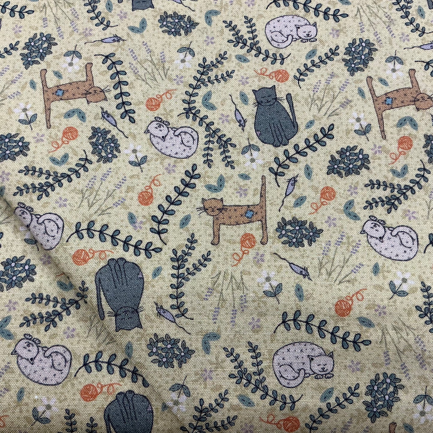Cats in Garden on Pale Mustard- Good Boy & Kitty - Lynette Anderson -