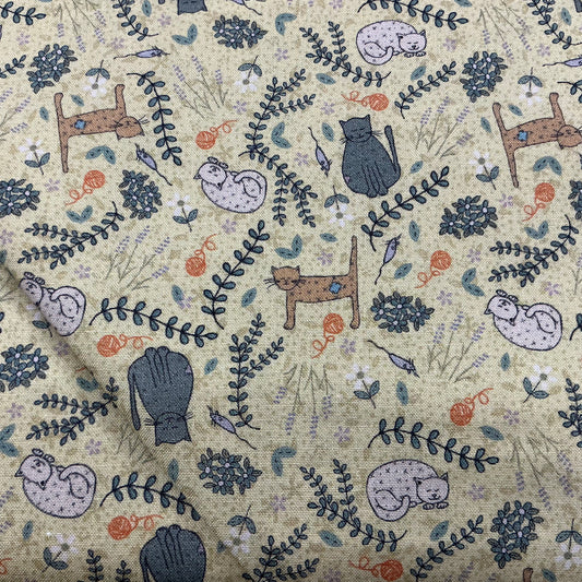Cats in Garden on Pale Mustard- Good Boy & Kitty - Lynette Anderson -