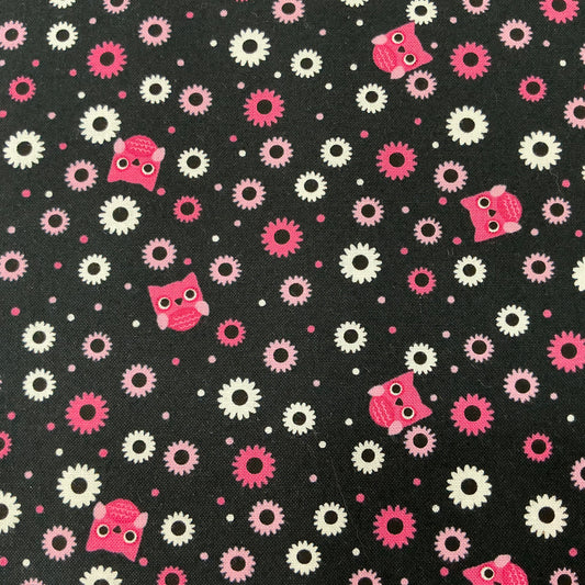 Tiny Owls & Flowers in Shades of Pink on Black - Not Scary