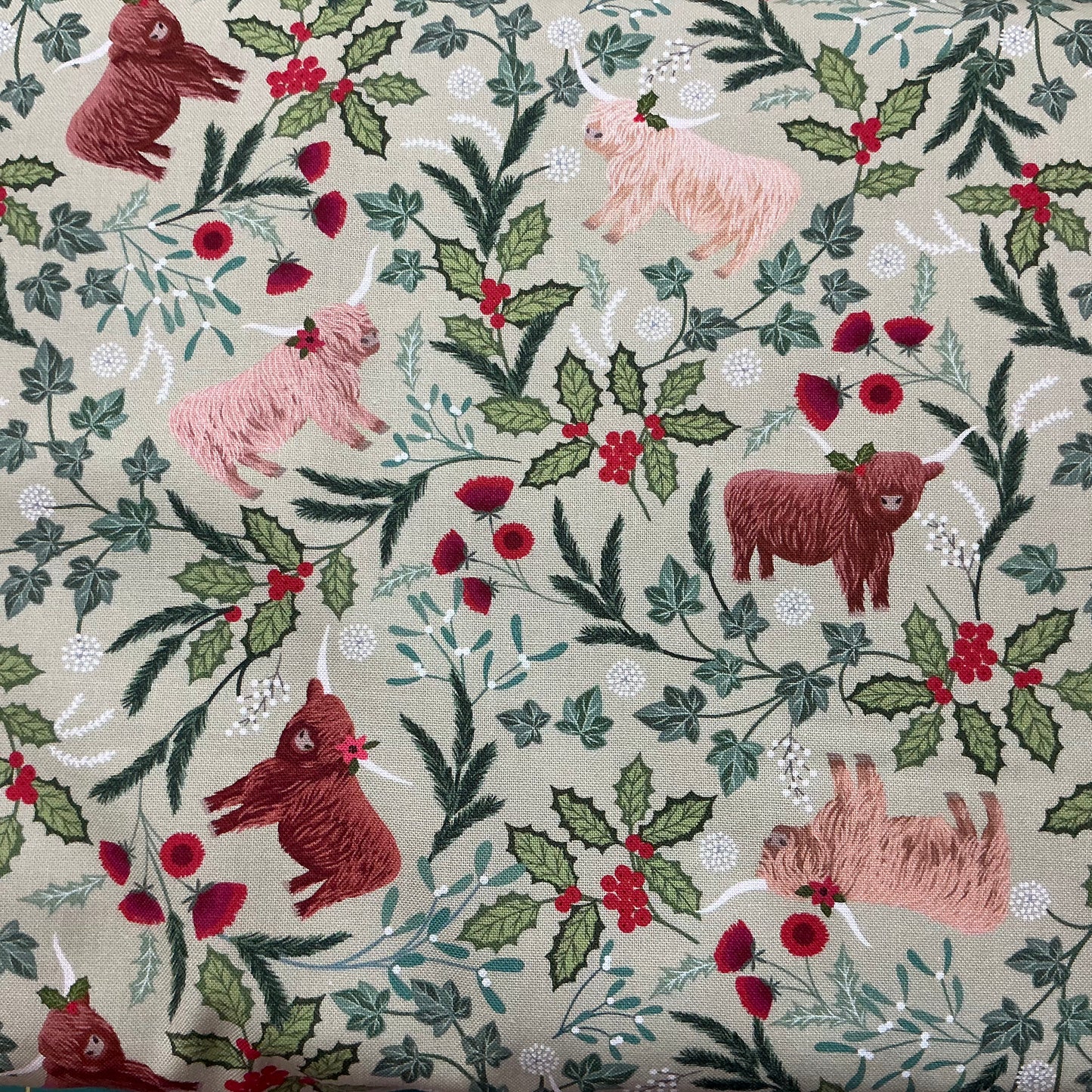 Highland Cows & Festive Foliage - Sage Green  - Celtic Christmas