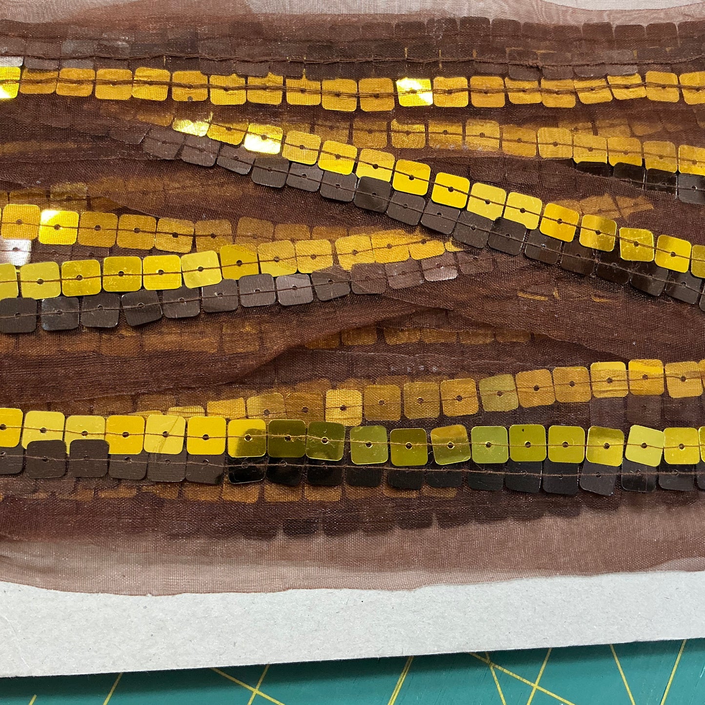 Brown Organza Ribbon - Gold & Brown Square Sequins