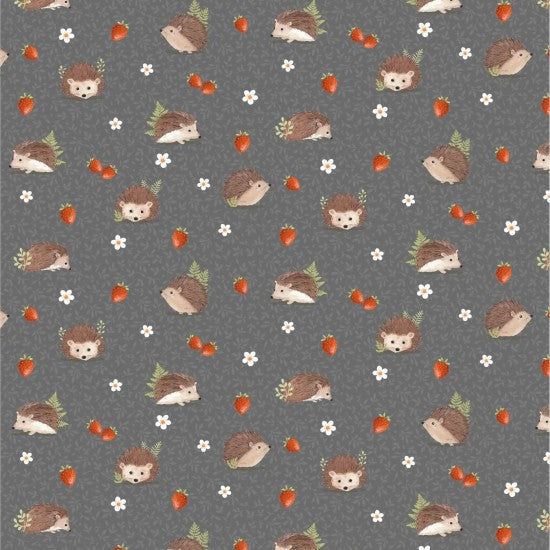 Tiny Hedgehogs with Strawberries on Grey