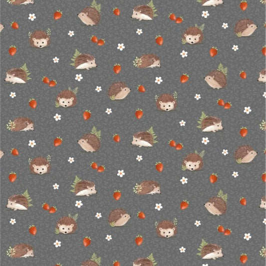 Tiny Hedgehogs with Strawberries on Grey