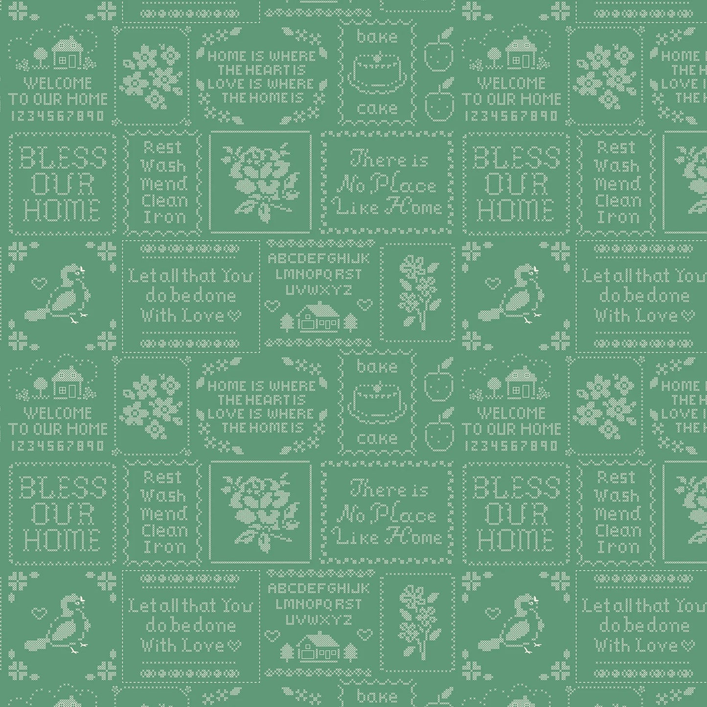 Cross Stitch Samplers on Green