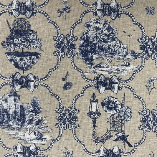 Scenes & Animals Cameos Blue on Natural - Cotton Linen