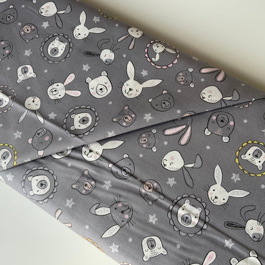 Bella, Bunny & Bear Faces on Dark Grey - Fat Quarter