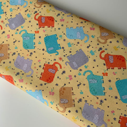Colourful Scattered Elephants on Yellow - Fat Quarter